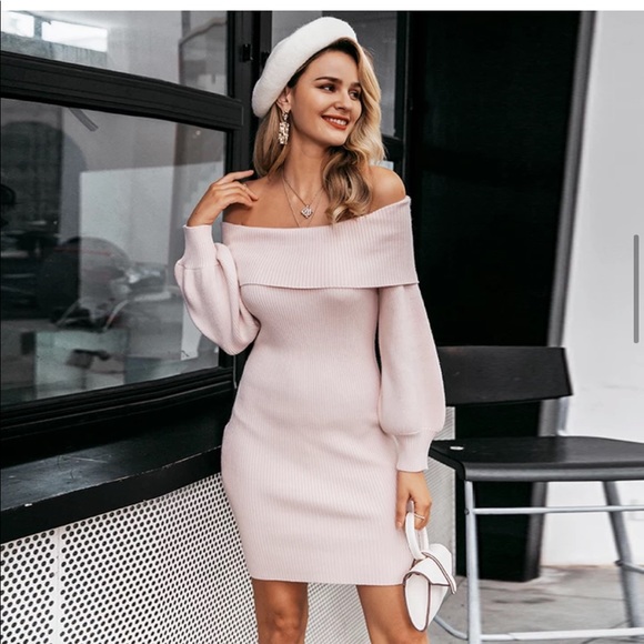 Off Shoulder Pink Dress Sweater Knitted Mini Dress - Picture 2 of 5